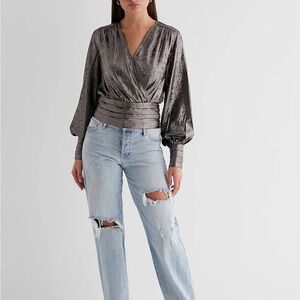 Express 
Metallic V-Neck Balloon Sleeve Faux Wrap Top